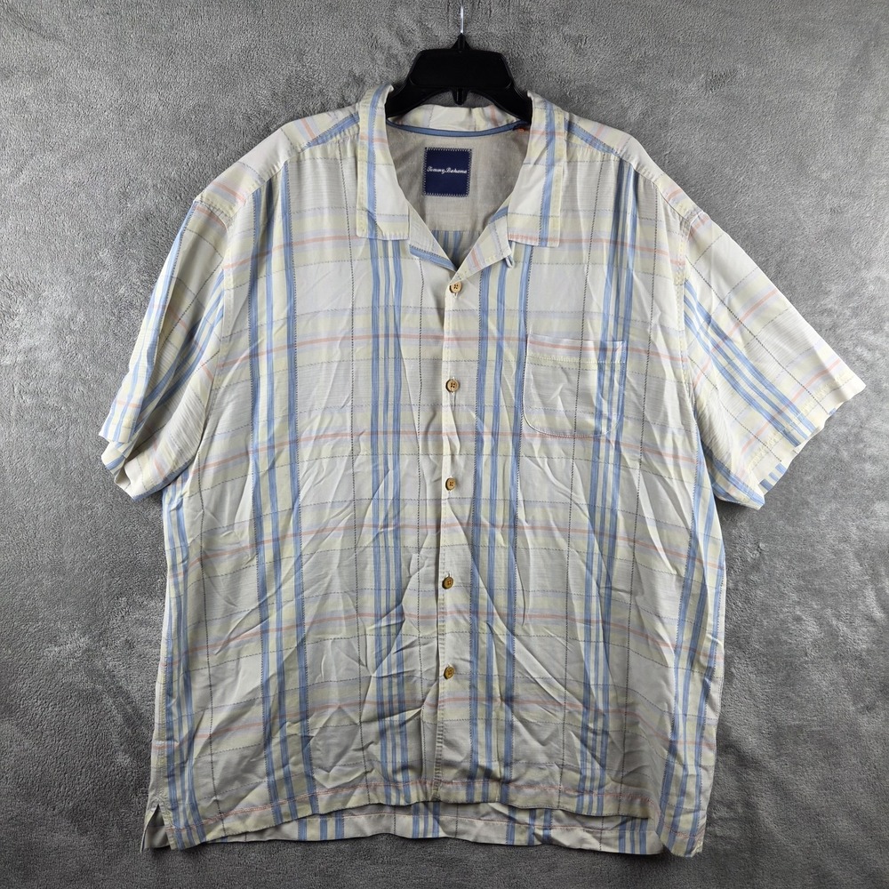 Tommy Bahama Men's 3XL White Plaid Silk Blend  Button Down Hawaiian Shirt